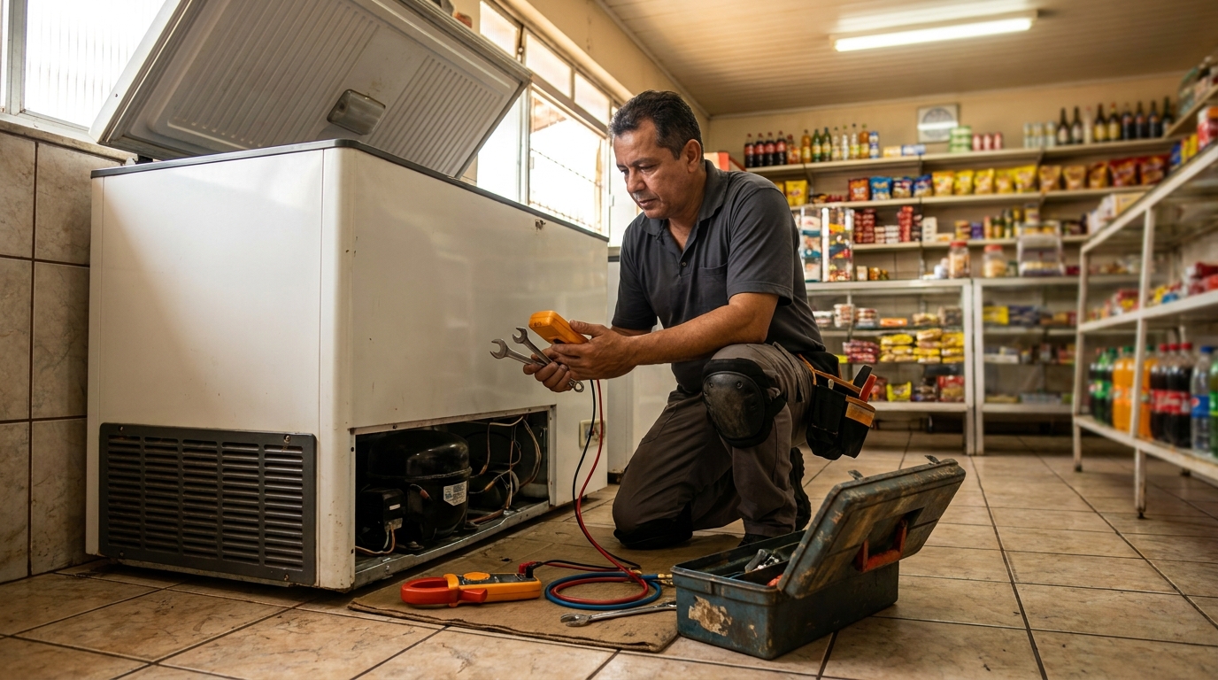 Profissional executando manutenção no motor de freezer em Juiz de Fora‑MG