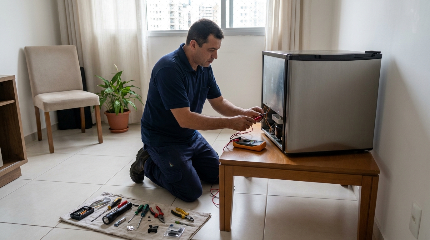 Técnico fazendo manutenção do motor de frigobar em Juiz de Fora‑MG